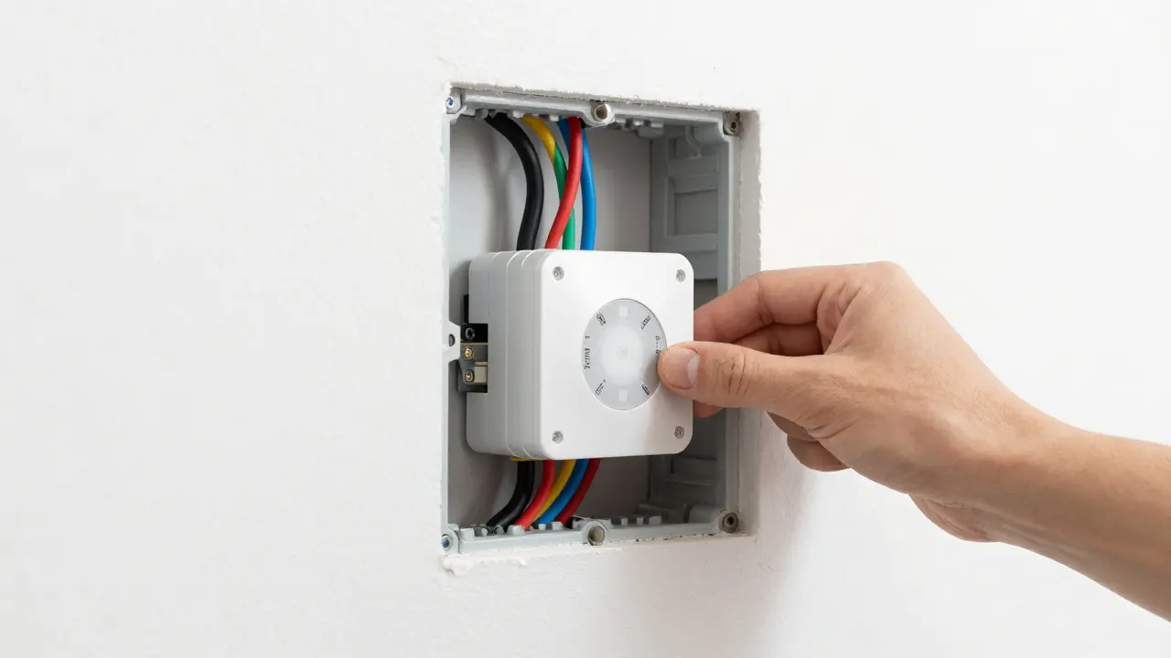 Nahaufnahme einer tiefen Unterputzdose mit 5-adrigen NYM-J Kabeln und einem Smart-Aktor.