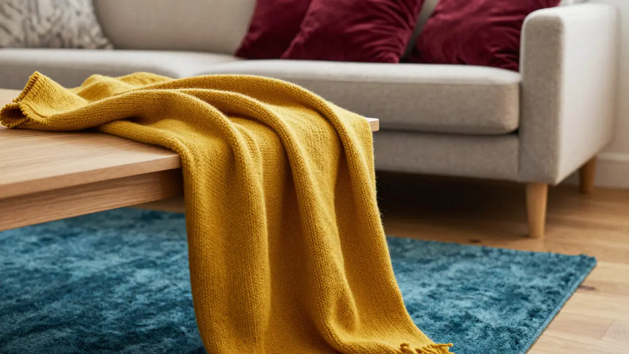 Nahaufnahme von farbenfrohen Textilien wie senfgelben und weinroten Kissen auf hellem Holz.