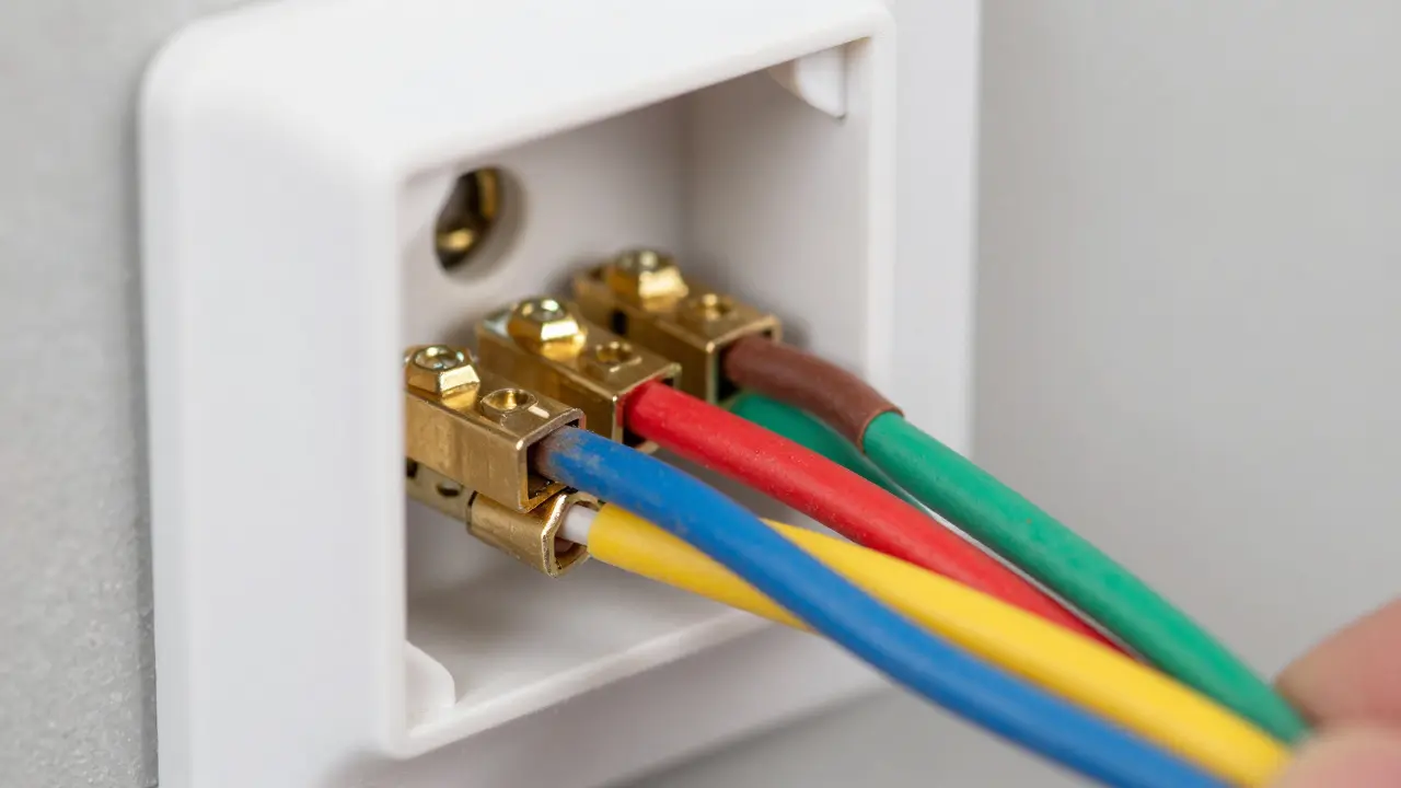 Nahaufnahme von fünfadrig Kabeln in einer tiefen Elektro-Wanddose.