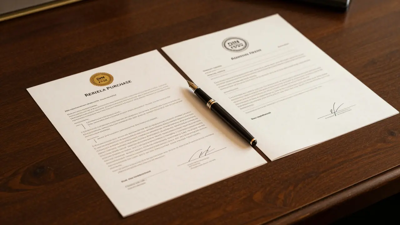 Notarvertrag und zertifiziertes Gutachten mit ISO-Siegel auf einem Schreibtisch.