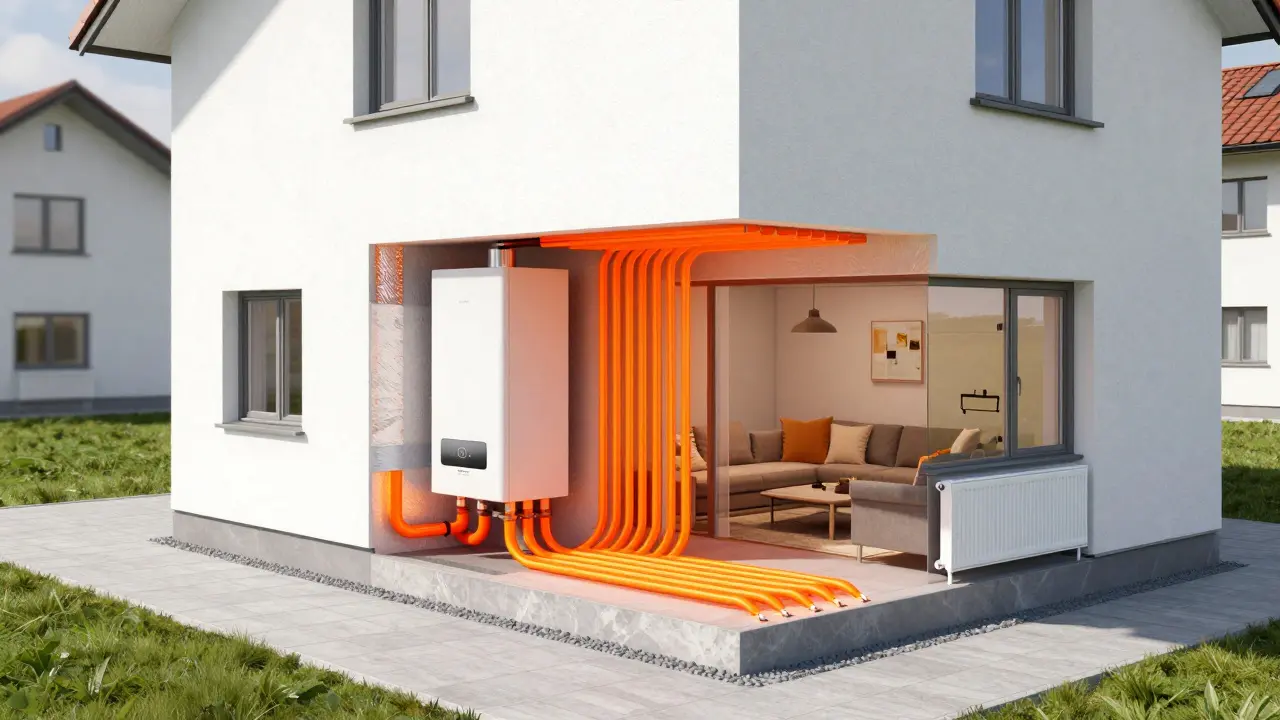 Querschnitt eines Hauses mit Darstellung des Wärmeflusses vom Kessel zu den Heizkörpern.