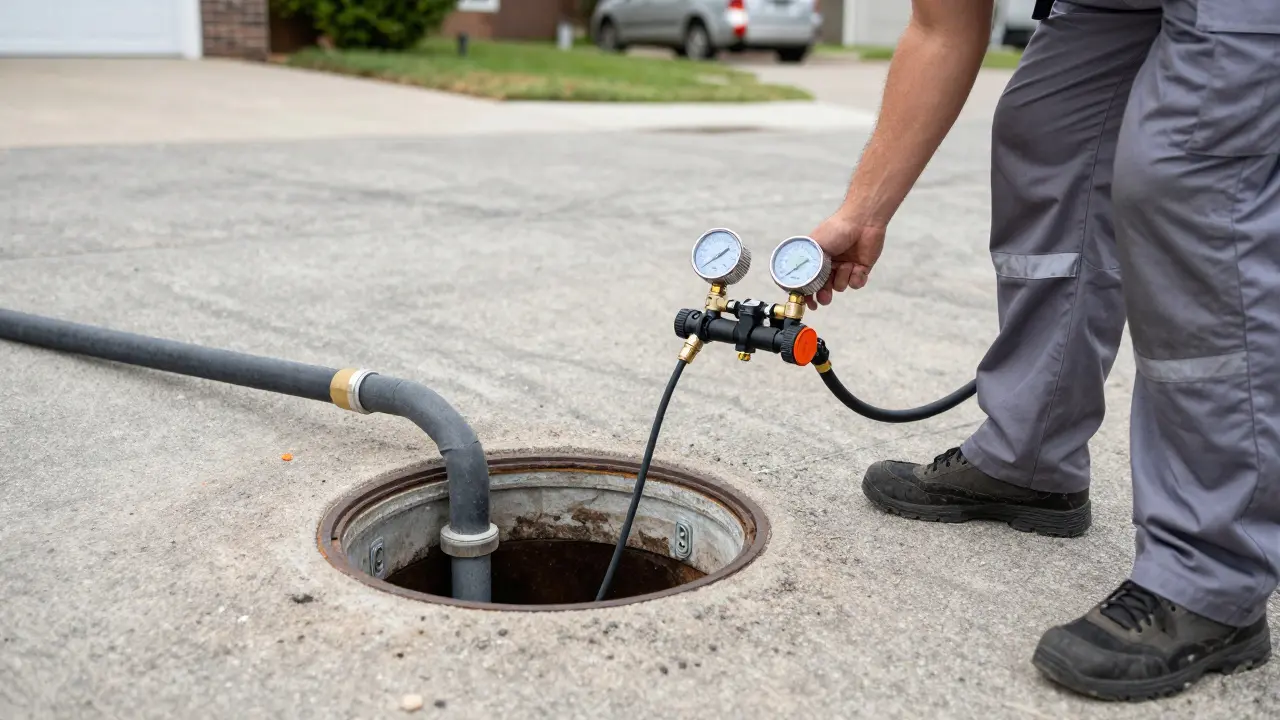 Techniker führt eine professionelle Dichtheitsprüfung an einem Kanalgulli durch.