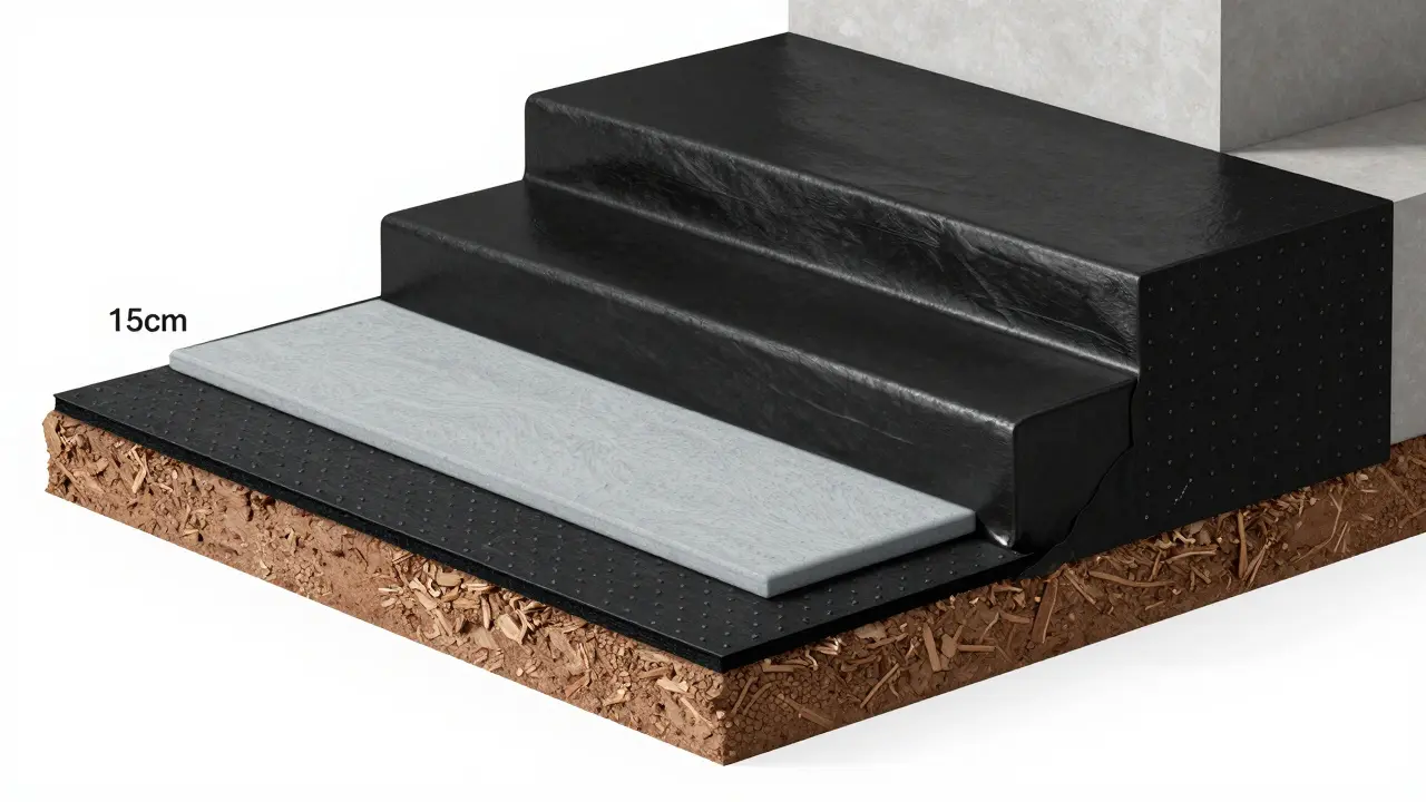 Technische Darstellung der Abdichtungsschichten einer Kellertreppe inklusive KMB und Noppenbahn.