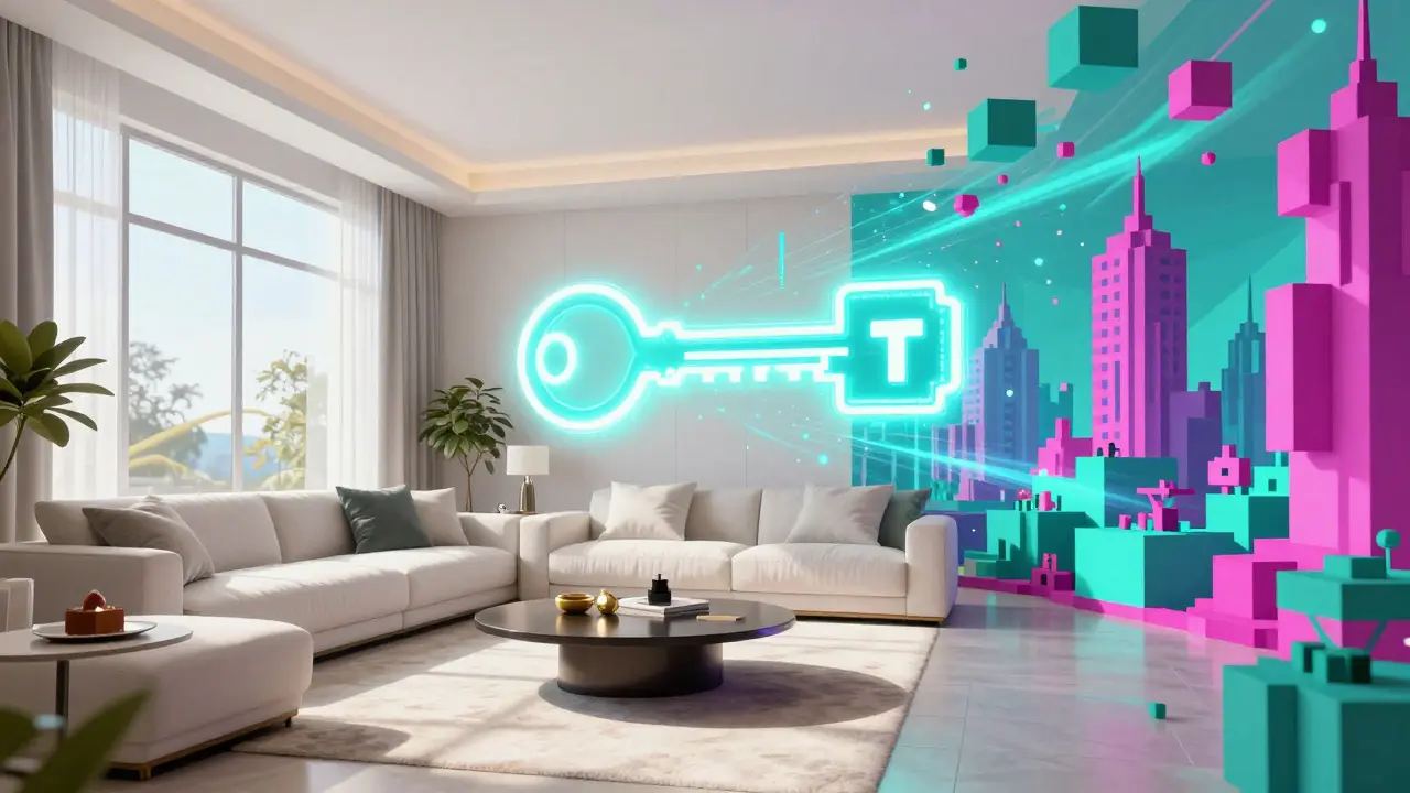 Übergang zwischen einem realen Wohnzimmer und einer virtuellen digitalen Welt.