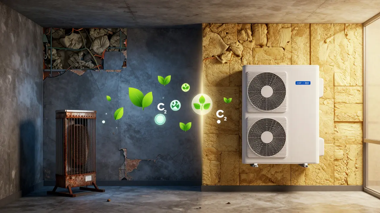 Vergleich zwischen alter Bausubstanz und moderner energetischer Sanierung.