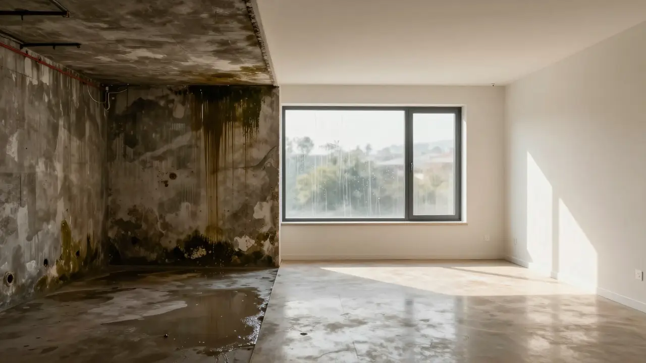 Vergleich zwischen einem feuchten, schimmeligen Keller und einem sanierten, trockenen Raum.