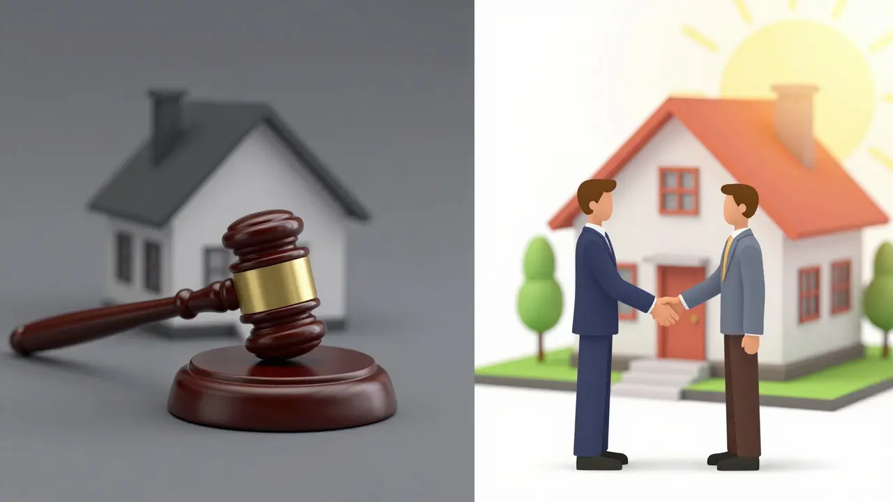 Vergleich zwischen einer Gerichtsauktion und einem privaten Hausverkauf.