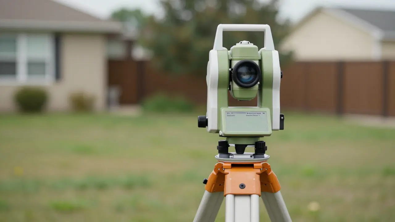 Vermessungsgerät auf einer Grundstücksgrenze vor einem Wohnhaus.
