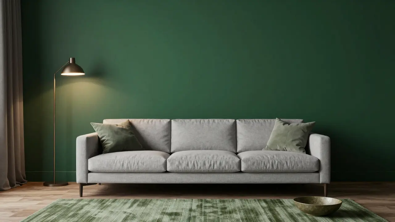 Wohnzimmer mit einer dunkelgrünen Akzentwand und einem kontrastierenden grauen Sofa.