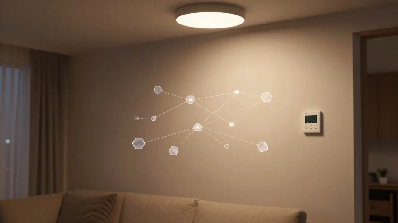 Wohnzimmer mit visuellen Verbindungen zwischen vernetzten Geräten.