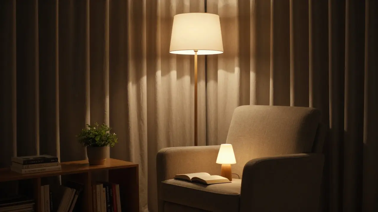 Abendstimmung in der Leseecke mit warmer Stehlampenbeleuchtung