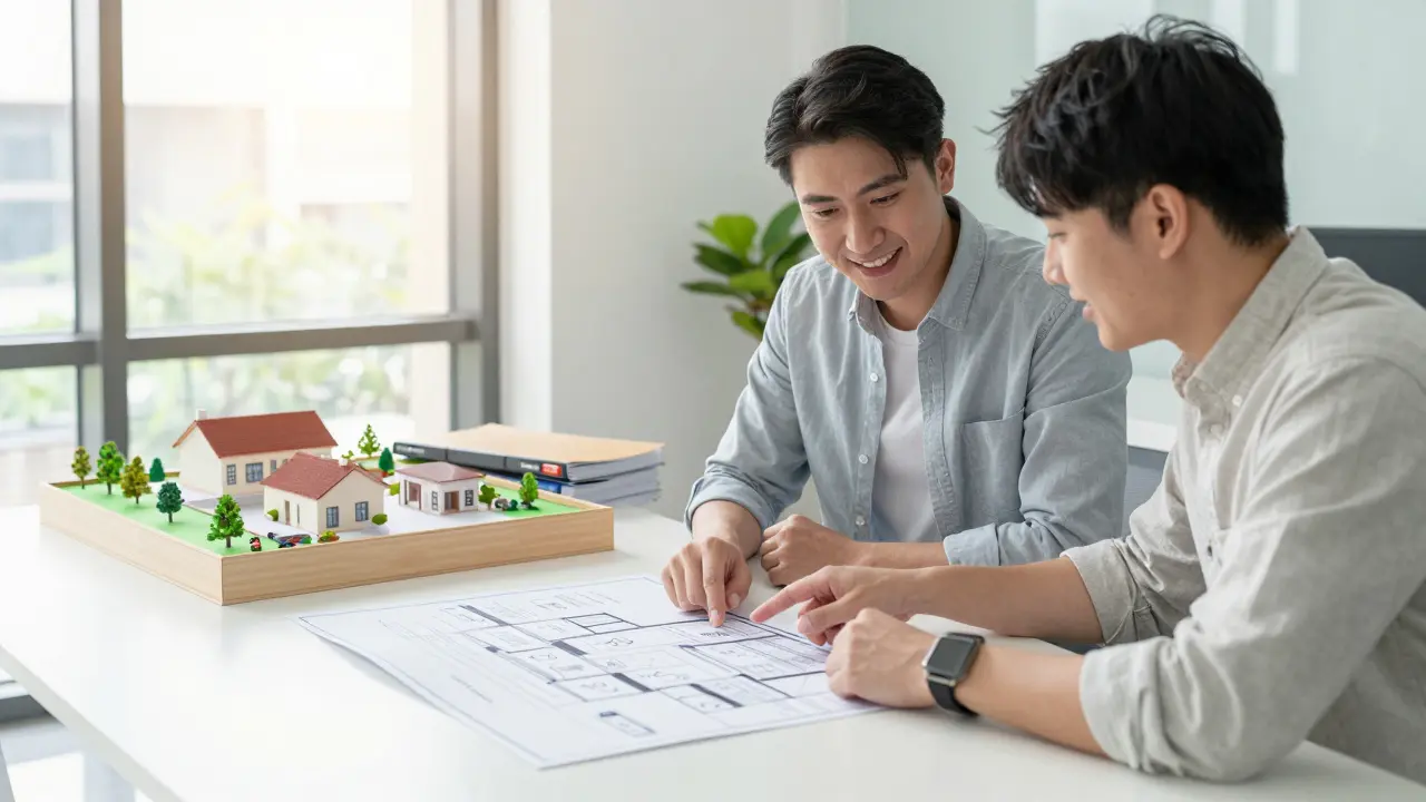 Architekt und Kunde planen Modernisierung an einem Modell