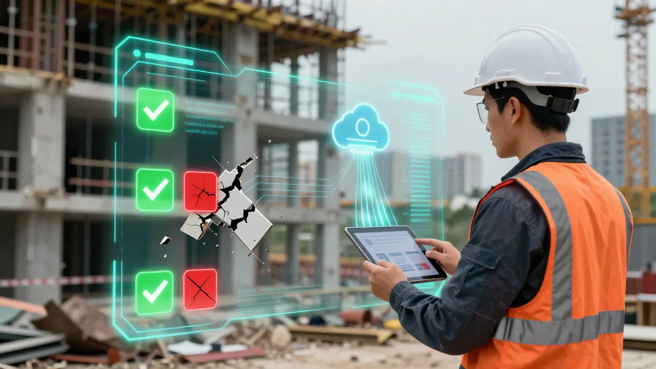 Augmented-Reality-Ansicht einer Baustelle mit KI-gestützter Schadenserkennung auf einem Tablet