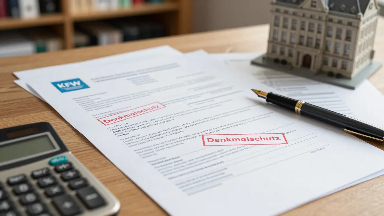Bürokratische Anträge und Kalkulationen für die Denkmalsanierung auf dem Schreibtisch