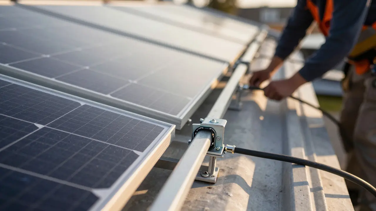Detailaufnahme der Montage von Solarmodulen auf einem Dach mit Fokus auf Technik