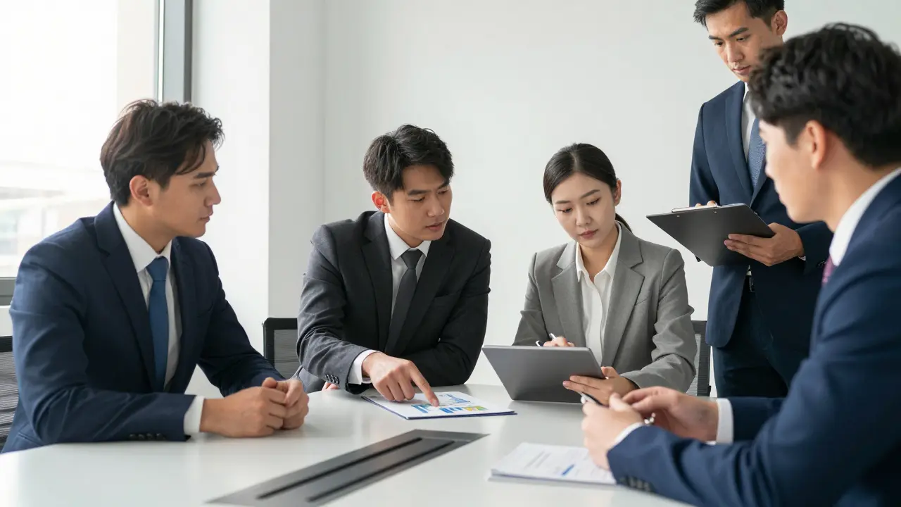 Experten-Team prüft Immobilienunterlagen in einem modernen Büro für Due Diligence