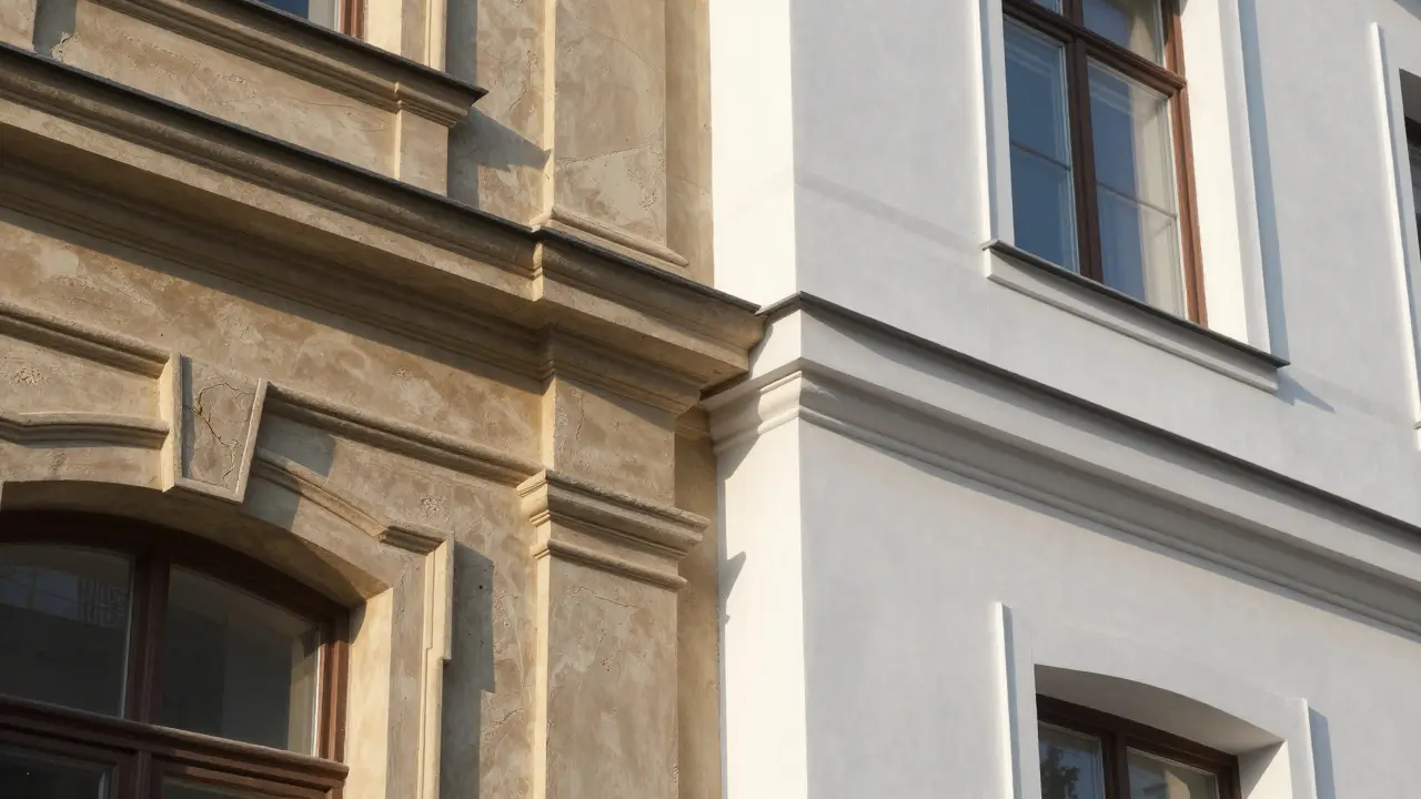 Fassadenprofile und Gesimse im Bestand: Styropor vs. Gips für die Sanierung
