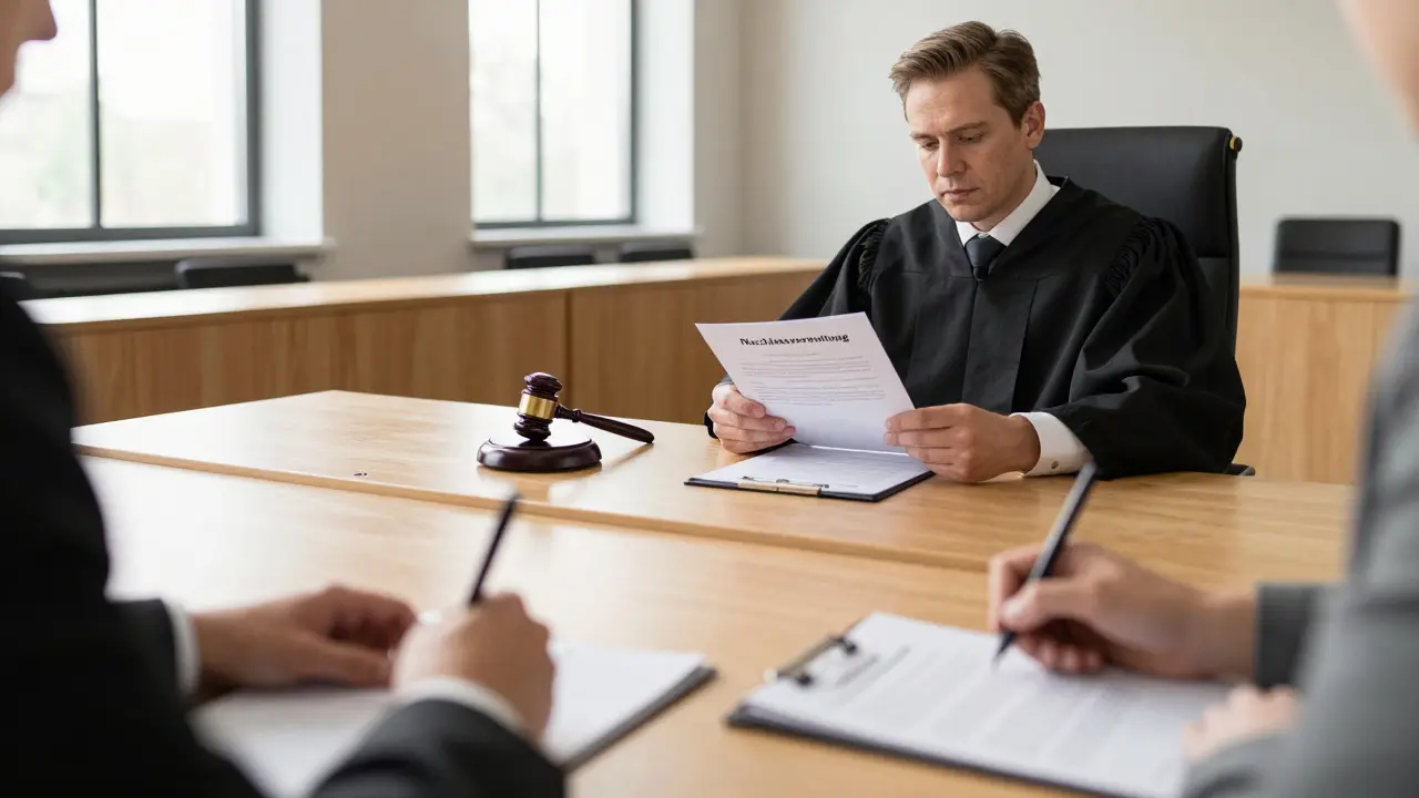 Gerichtssaal mit Richter bei der Abwicklung einer Immobilien-Erbschaft