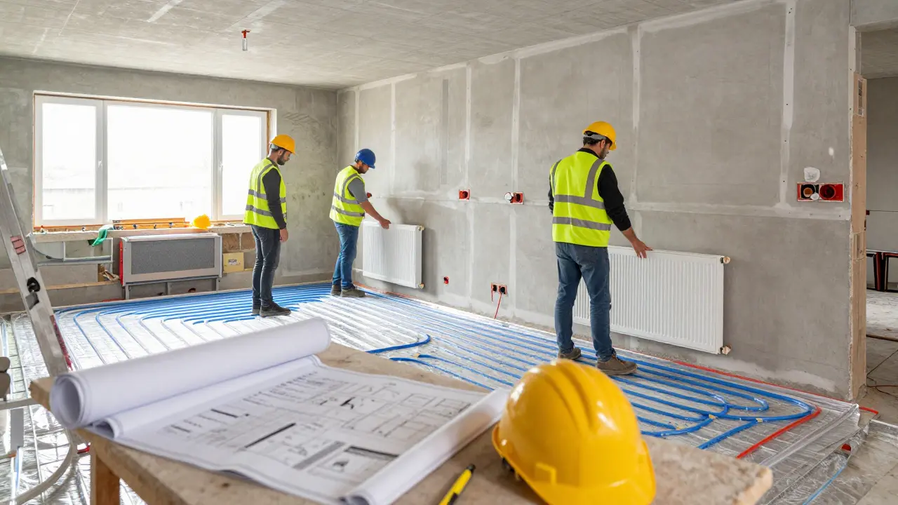 Handwerker installieren neue Heizkörper und Fußbodenheizung im Haus