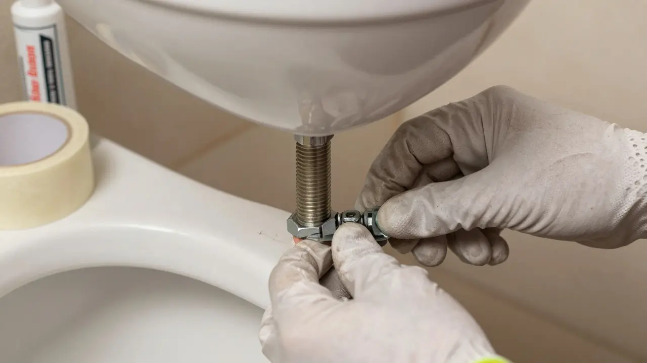 Handwerker montiert Hänge-WC an der Wand mit Werkzeug und Dichtmasse