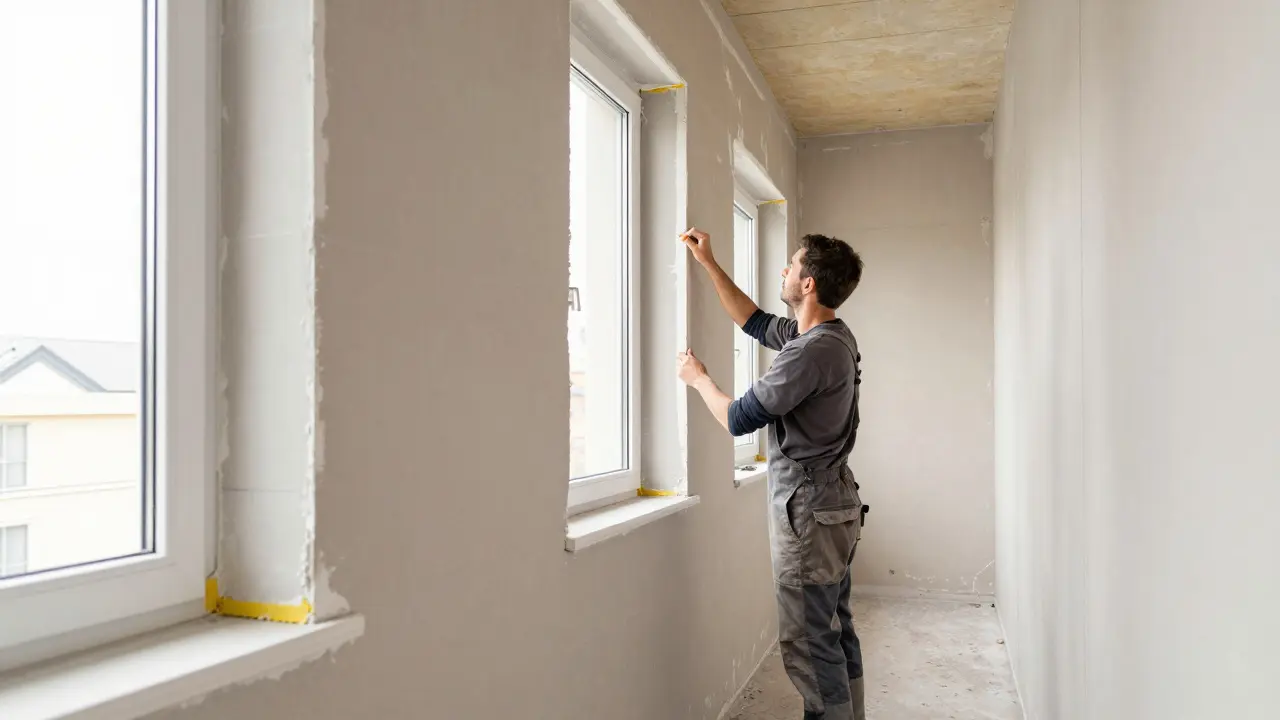 Handwerker trägt atmungsaktiven Putz auf Innendämmung in einem Altbau