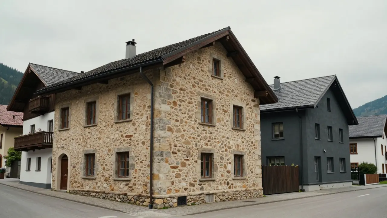 Historisches Haus mit Silikatfarbe neben modernem Gebäude mit dunkler Silikonharz-Fassade in Österreich.