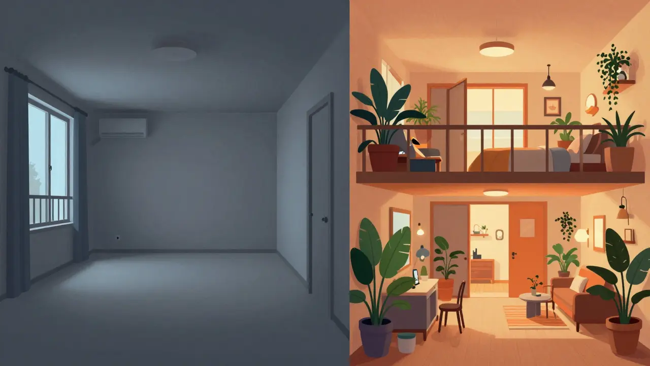Kontrast zwischen leerer Luxuswohnung und lebendigem, effizientem Wohnraum