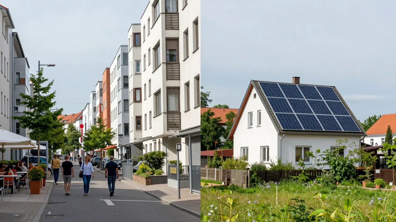 Kontrast zwischen städtischer Metropole und ländlichem Wohngebiet