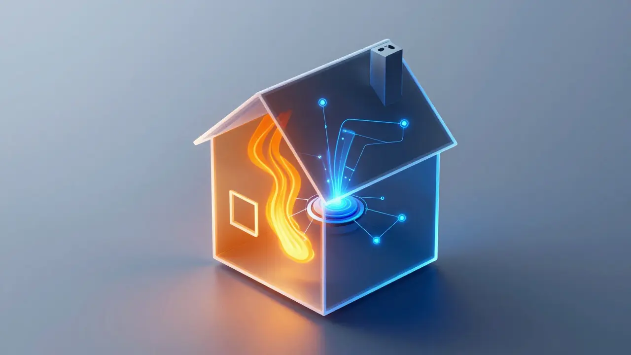 Konzeptillustration: Intelligente Wärmeverteilung und Energieersparnis im Haus
