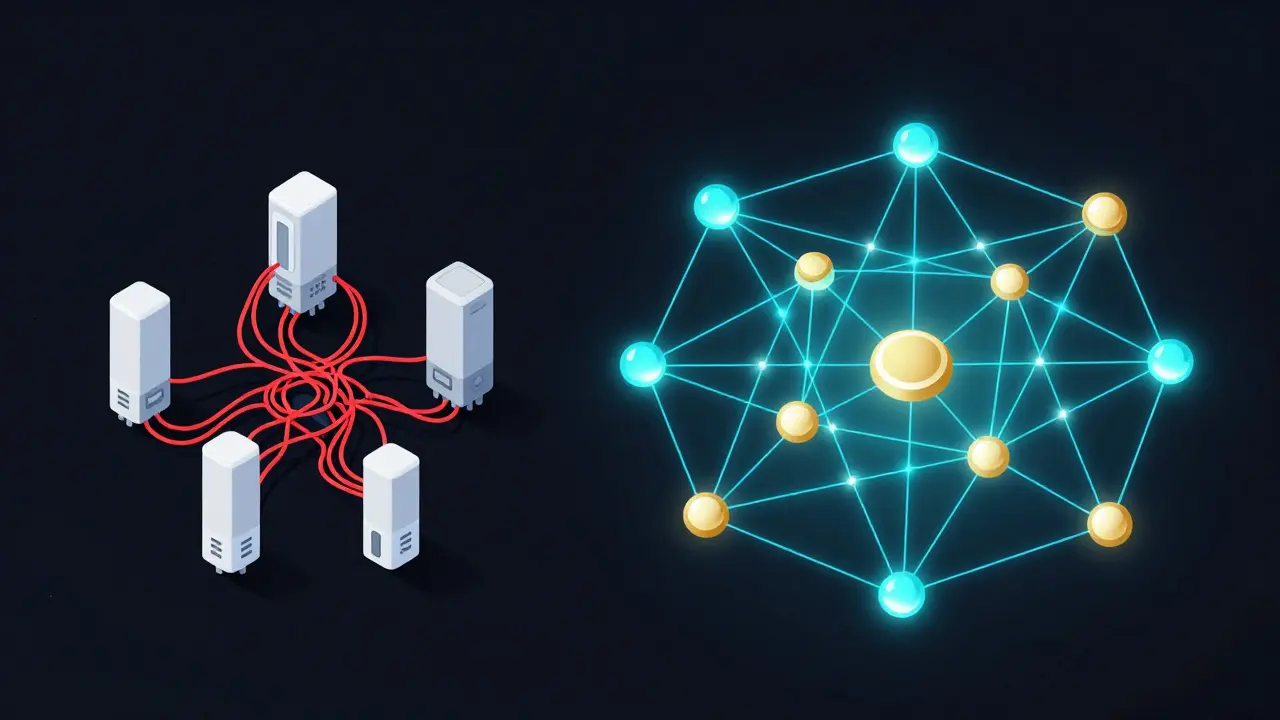 Konzeptionelle Darstellung eines stabilen Thread-Mesh-Netzwerks im Vergleich zu alten Systemen