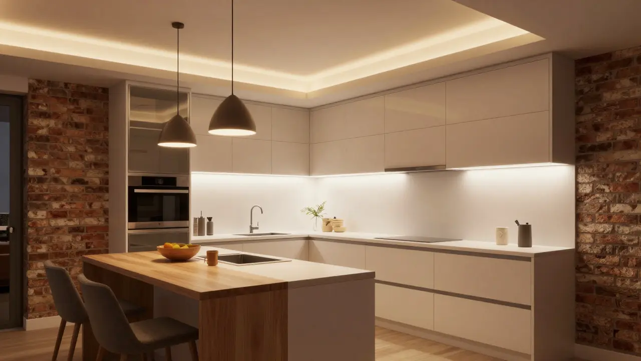 Modern kitchen with balanced task, ambient, and accent lighting zones