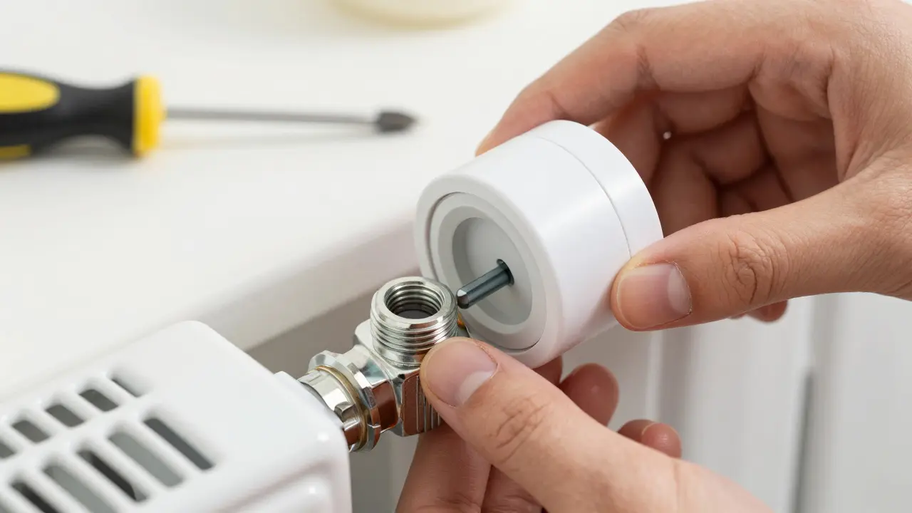 Nahaufnahme der Installation eines digitalen Thermostats am Heizventil