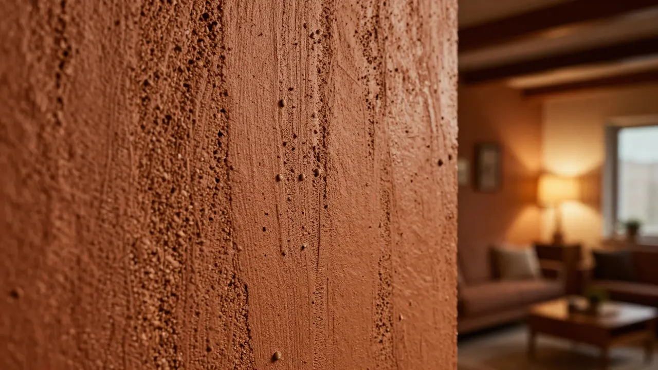 Nahaufnahme einer rustikalen Kratzputz-Wand mit rauer Struktur