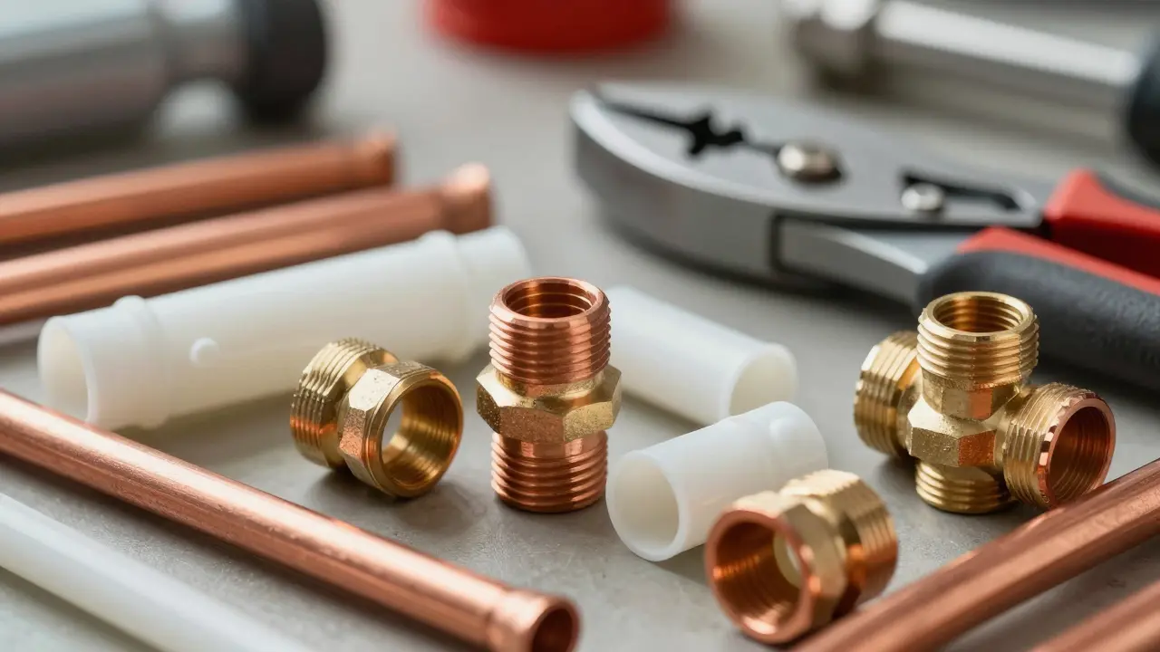 Nahaufnahme von Kupferrohren, Fittings und Werkzeugen für die Installation