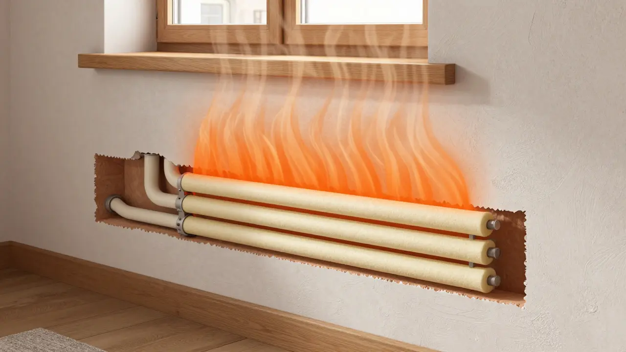 Querschnitt einer Wand mit eingebauten, isolierten Heizungsrohren
