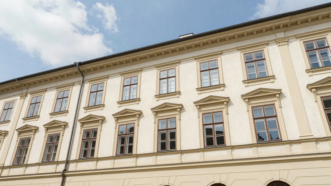 Restauriertes Altbauhaus mit modernen Gesimsen und Fensterrahmen