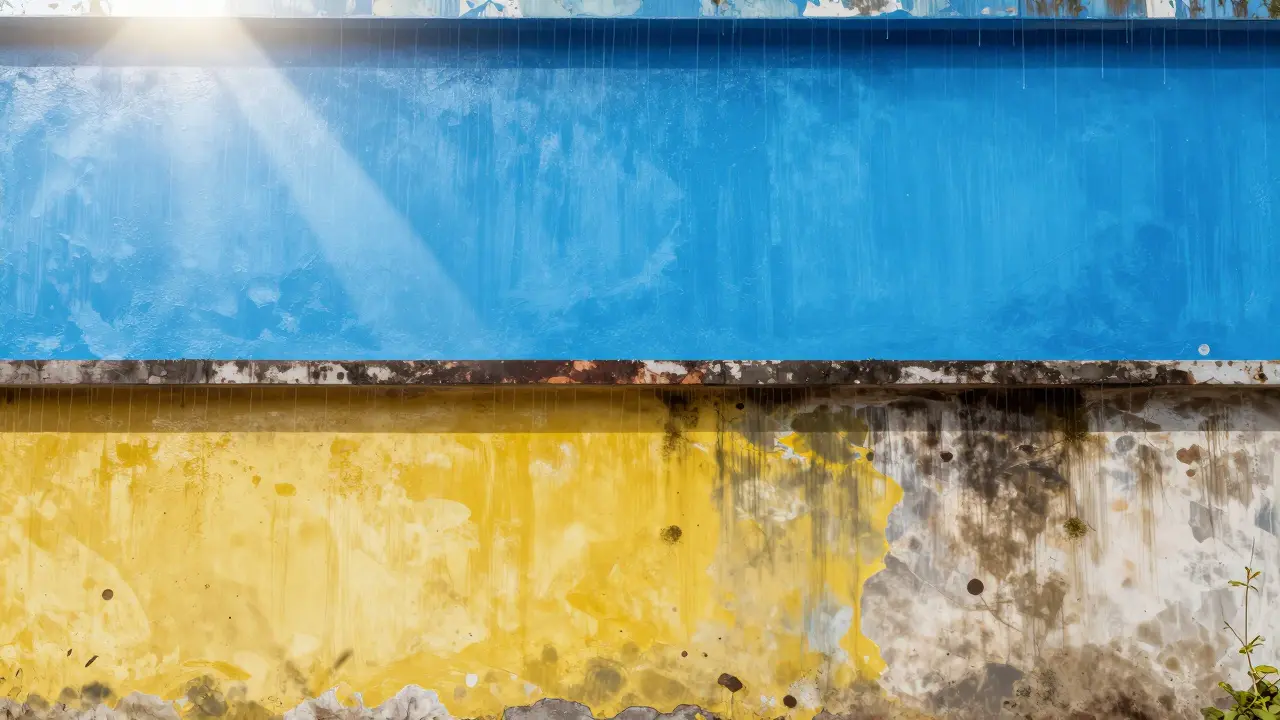 Vergleich der Wetterbeständigkeit: Frische Silikonharz-Fassade versus verblasste, algenbefallene Acrylat-Oberfläche.