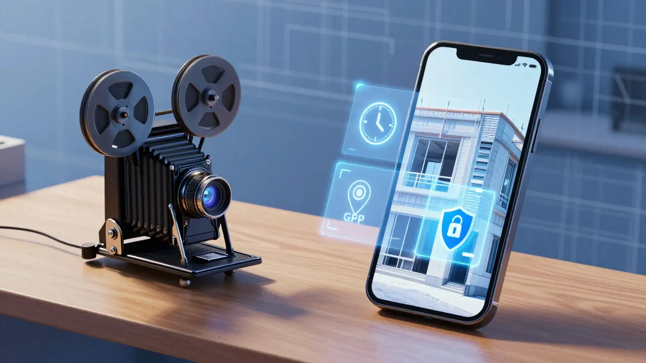 Vergleich von analoger Kamera und Smartphone mit Metadaten-Symbolen für digitale Beweissicherung