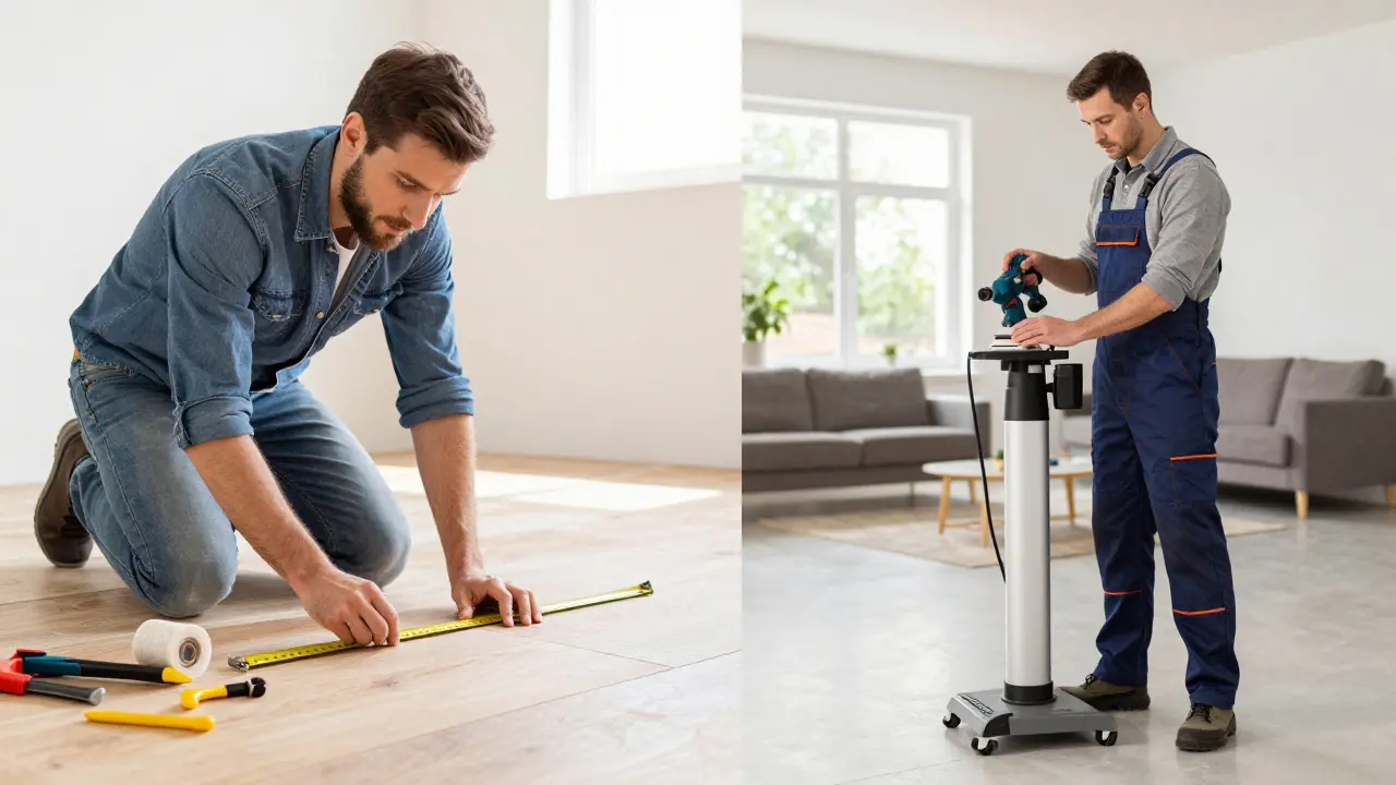 Vergleich von Heimwerker-Arbeit und professionellem Bodenschleifen