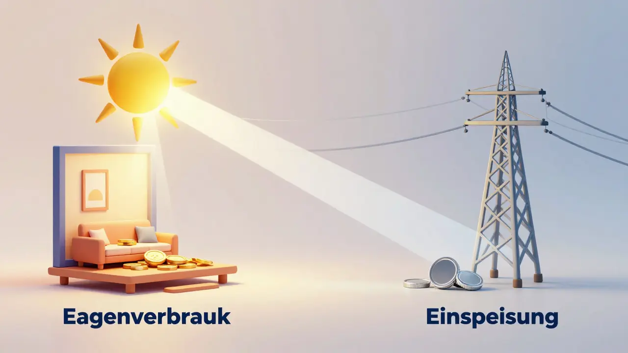 Abstrakte Darstellung der Ersparnis durch Eigenverbrauch versus Einspeisevergütung