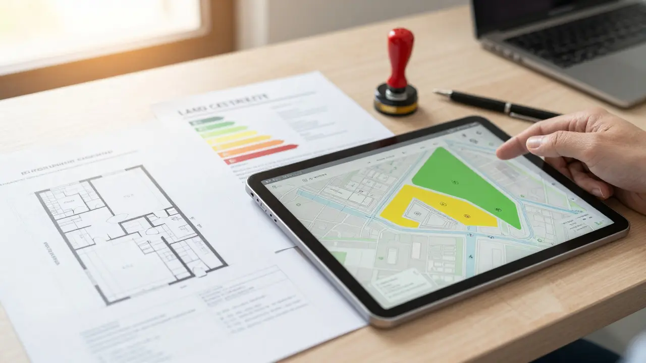 Büroarbeitsplatz mit Grundrissen, Energieausweis und Tablet zur digitalen Immobilienanalyse.