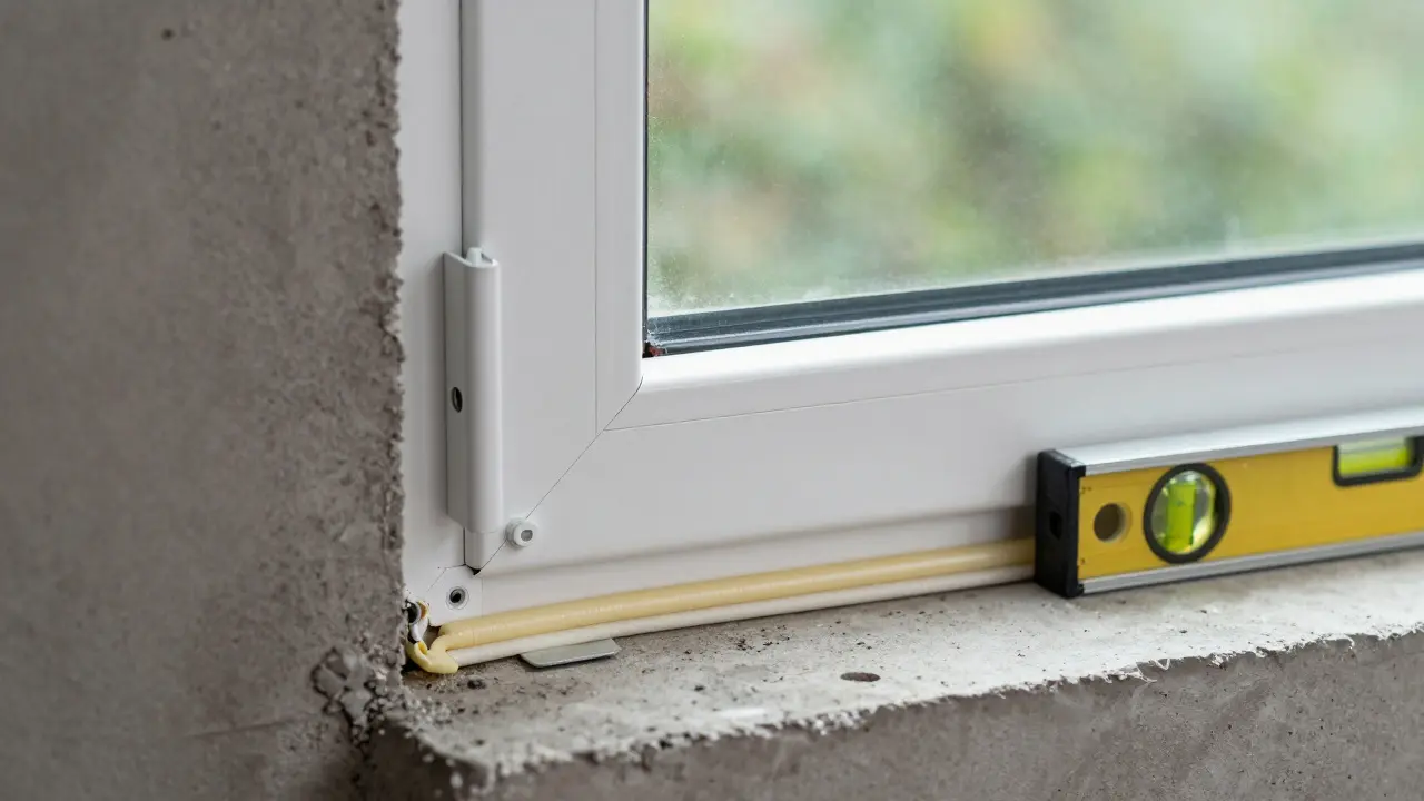 Detailaufnahme eines neuen PVC-Kellerfensters mit präziser Abdichtung und Wasserwaage