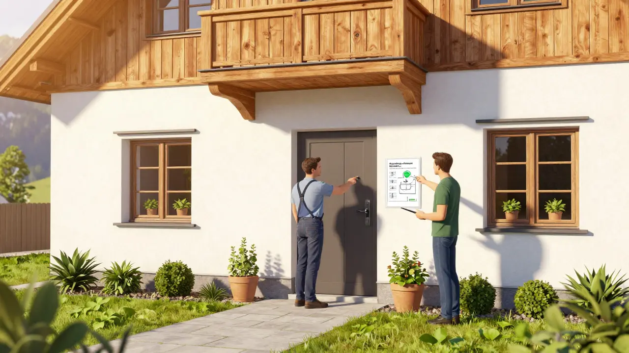 Energieberater und Handwerker besprechen Sanierung vor einem Haus