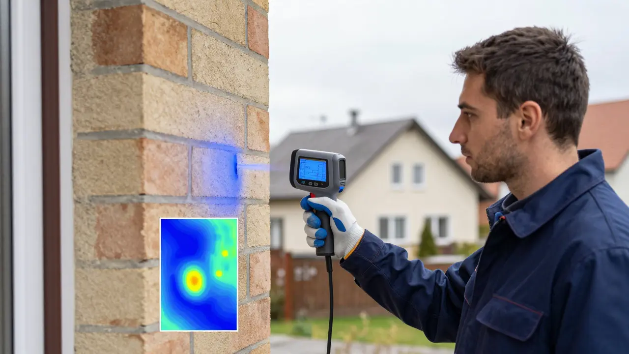 Experte führt Thermografie und Feuchtemessung an Hauswand durch