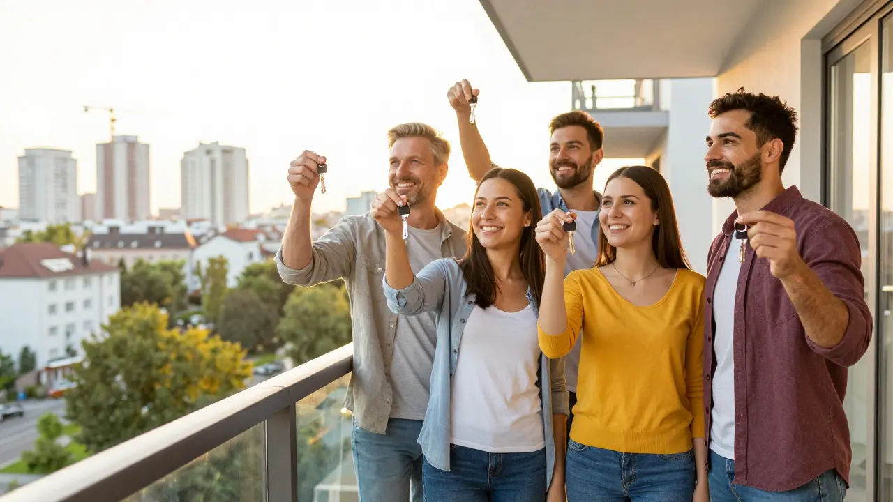 Glückliche neue Hausbesitzer mit Schlüsseln auf Balkon bei Sonnenuntergang