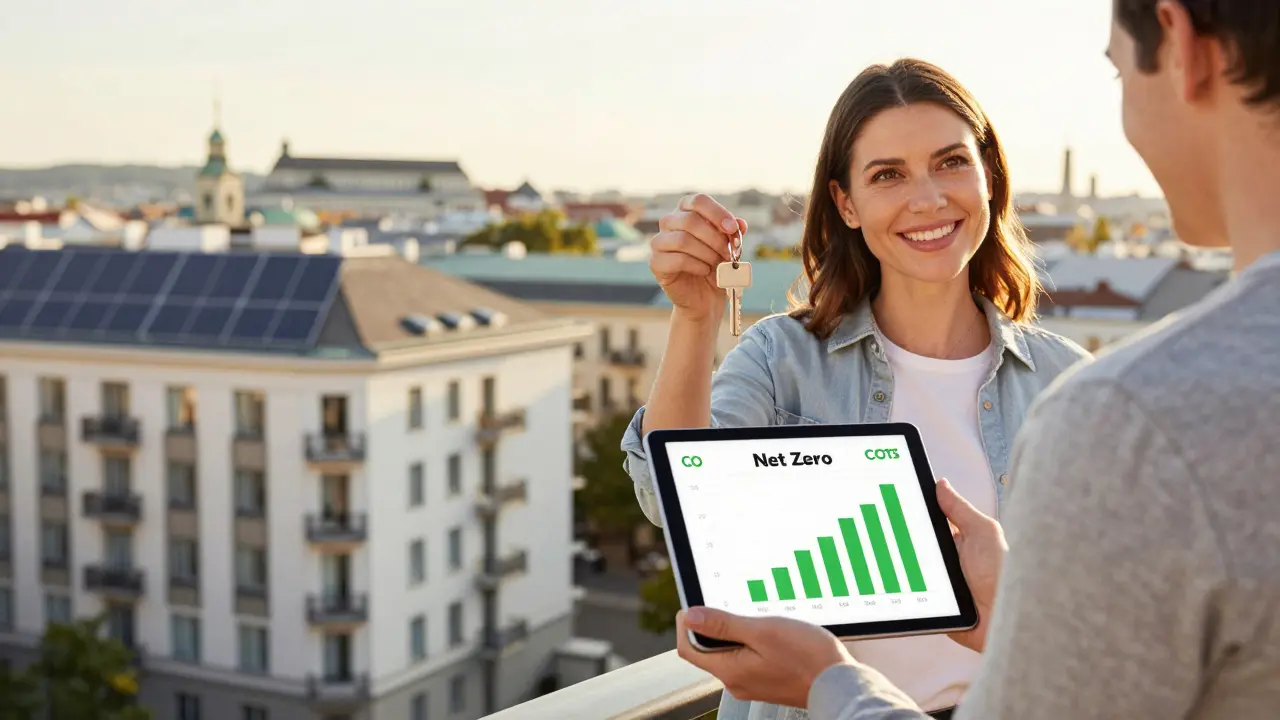 Glücklicher Hauseigentümer mit Schlüssel und Energie-App