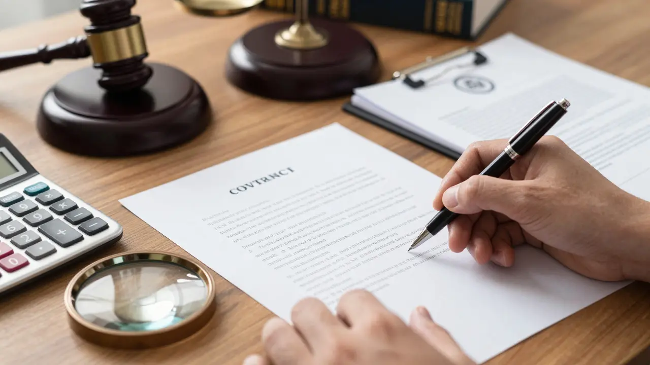 Hand mit Stift über Vertrag, Lupe und Dokumente symbolisieren rechtliche Prüfung vor Unterschrift