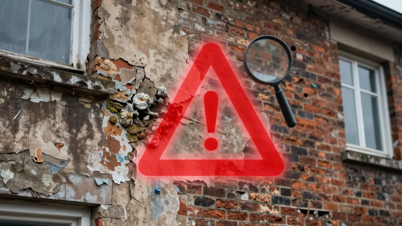 Hausfassade mit Rissen und Warnsymbol für versteckte Mängel