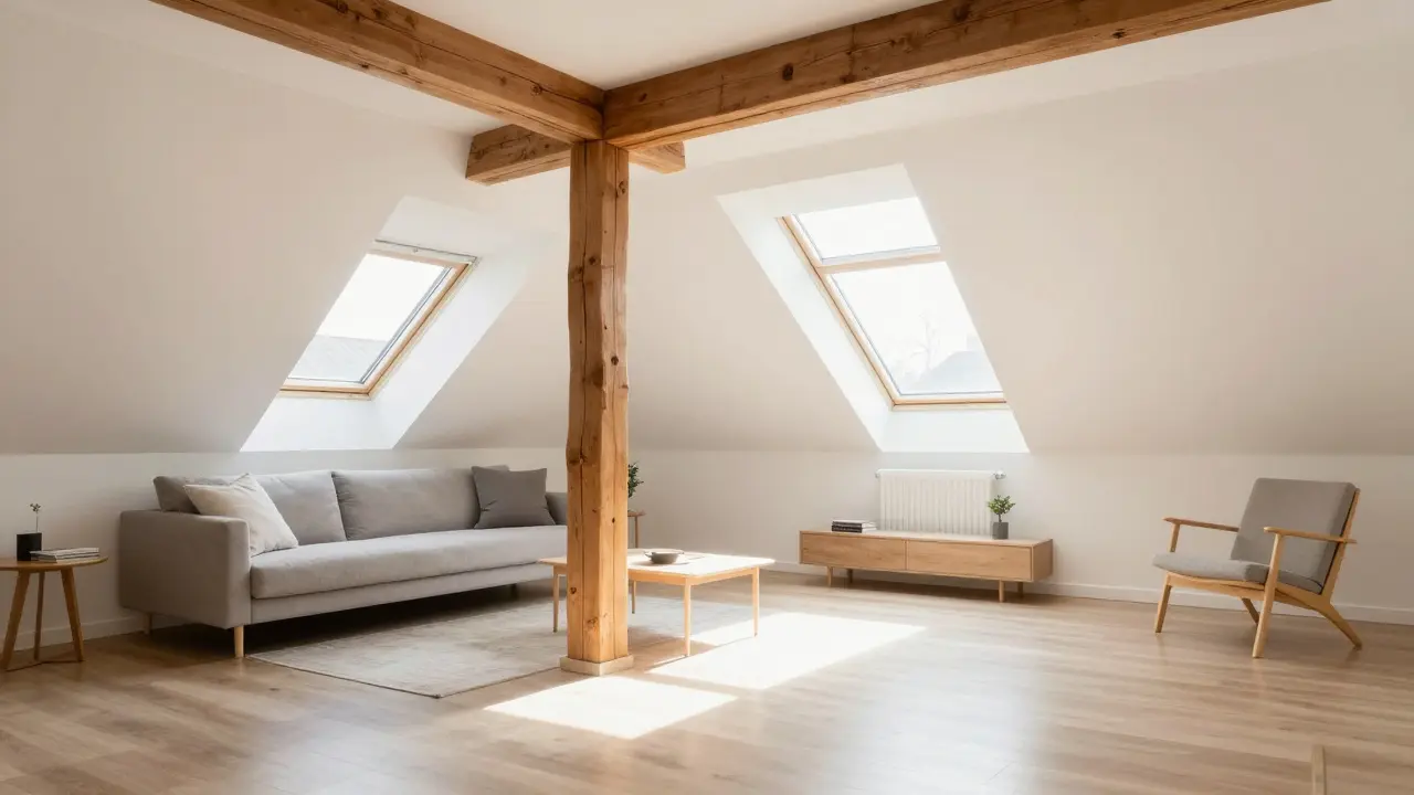Helles, modernes Dachgeschoss-Wohnzimmer mit Schrägdach und Fenstern