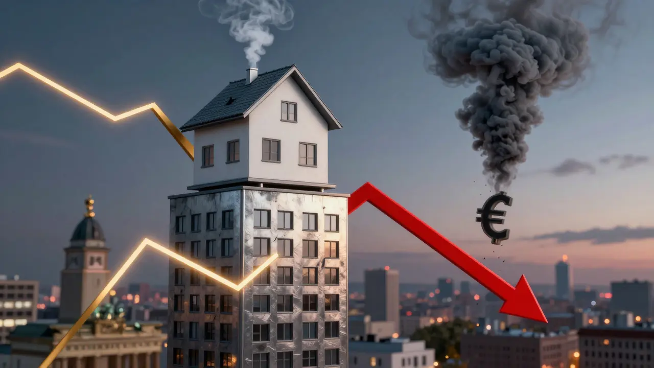 Illustration: Effizientes Haus steigt im Wert, ineffizientes sinkt durch CO2-Emissionen